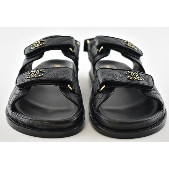 Chanel REV Black Caviar Gold CC Logo Mule Slide Strap Flat Teva Dad Sandal 36.5 - Picture 7 of 12